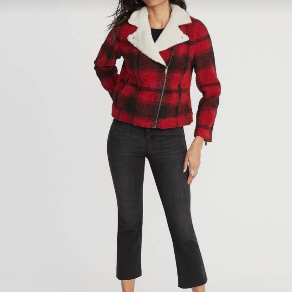 Womens plus plaid sherpa motto jacket